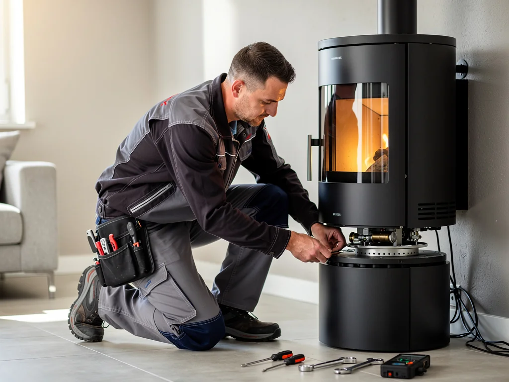 Installateur réglant le socle rotatif d'un poêle à granulés à la mise en service