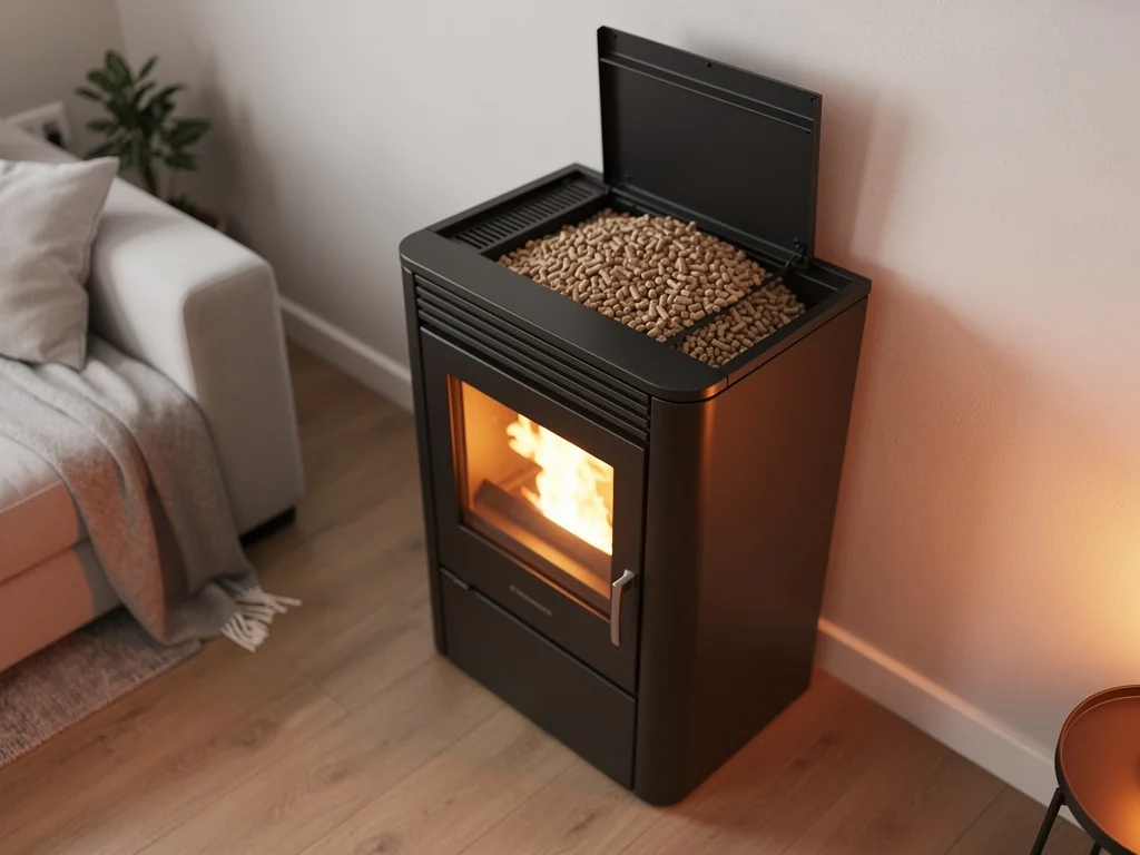Poêle à granulés design posé en angle, réservoir de pellets ouvert